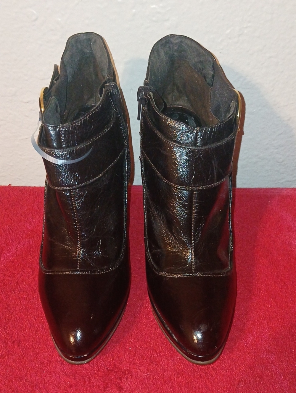 Reba Women's Dark Brown Patent Buckle Ankle Boots